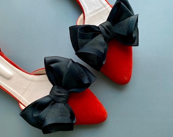 Black striped ribbon Bow Shoe Clips. Set of Two. Gift for Her. Shoe Decorations.