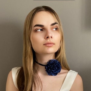 Navy flower choker. Organza rose Choker. Bohemian Necklace. Choker for Gift. Dainty Choker. Jewelry choker. Rose flower choker necklace. image 5