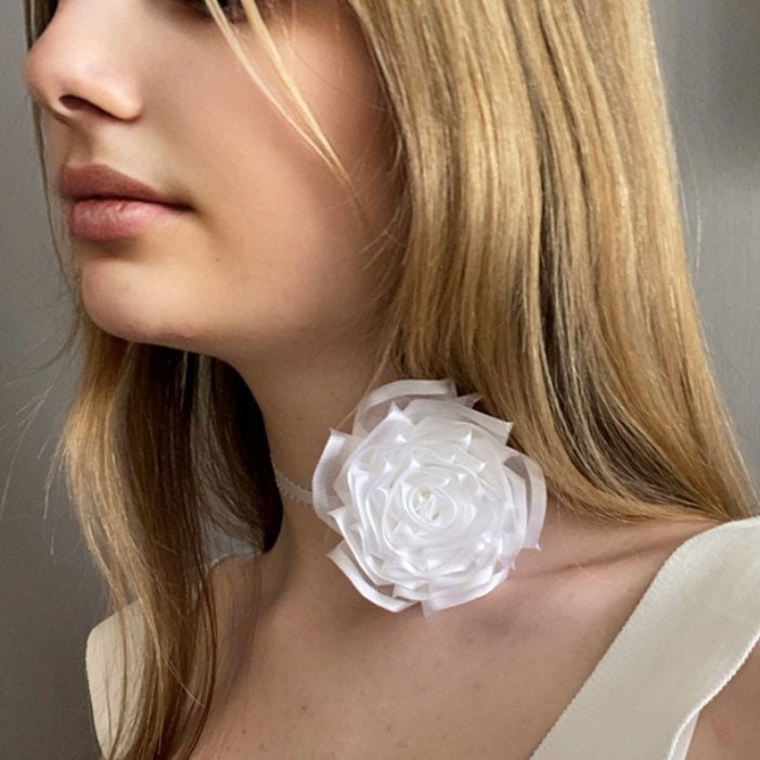 Navy Flower Choker. Organza Rose Choker. Bohemian Necklace