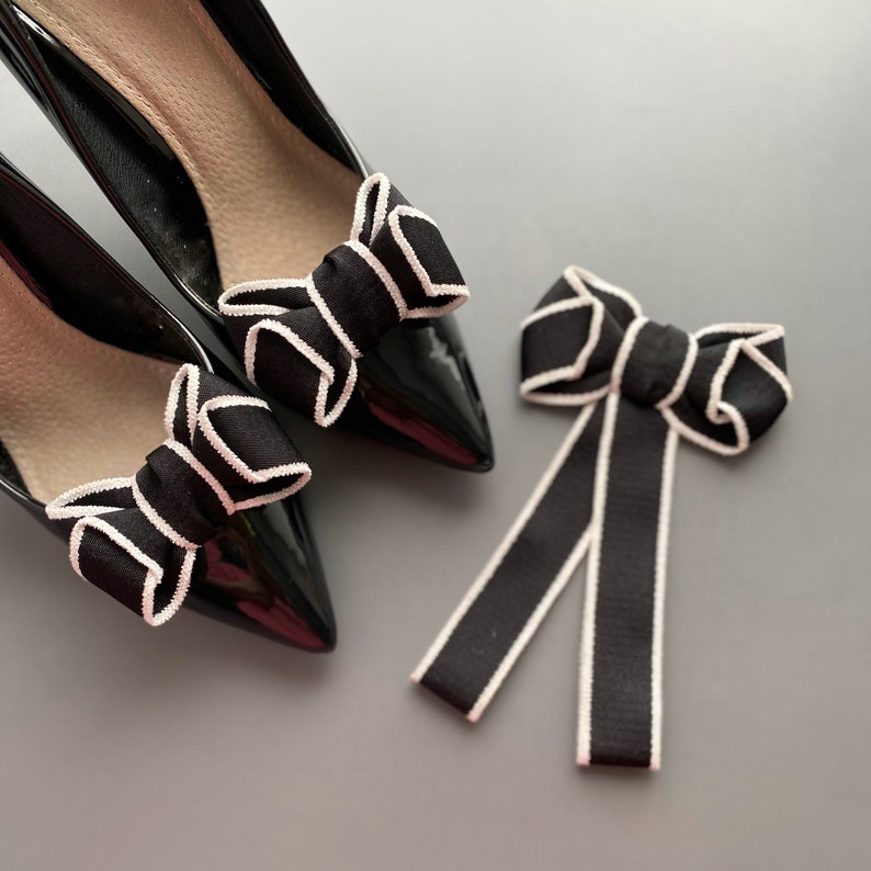 Black striped ribbon Bow Shoe Clips. Set of Two. Gift for Her. Shoe Decorations. image 7