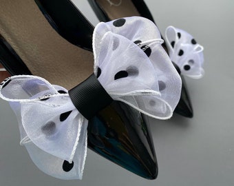 Shoe clips are white with black polka dots. Wedding Accessories. Bridal Accessories. Gift for Her.