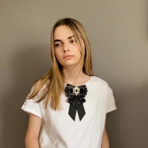 Black Ribbon Bow Brooch. Women Handmade Brooch. Girls Bowtie. Ribbon Bow Brooch. Bowknot. Long Bowtie.