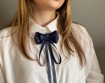 Navy Bow Tie Brooch, Skinny Women's Tie, Halloween Accessory