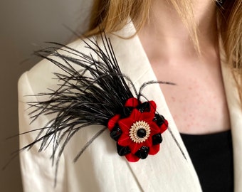 Broche plumes velours noir. Noeud papillon pour femme. Broche Halloween. Noeud papillon femme fait main.