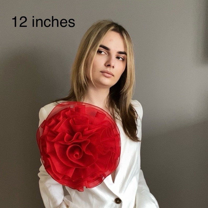 Extra large RED chiffon rose brooch. Oversized shoulder corsage floral pin. RED rose pin. Gift for her. image 4
