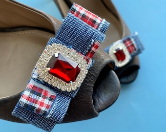 Denim bow shoe clips with pearls.