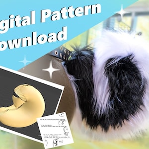 May include: A digital download pattern for a plush dog toy. The pattern includes instructions and diagrams for sewing a black and white dog toy with a fluffy tail. The pattern is shown in a close-up image.