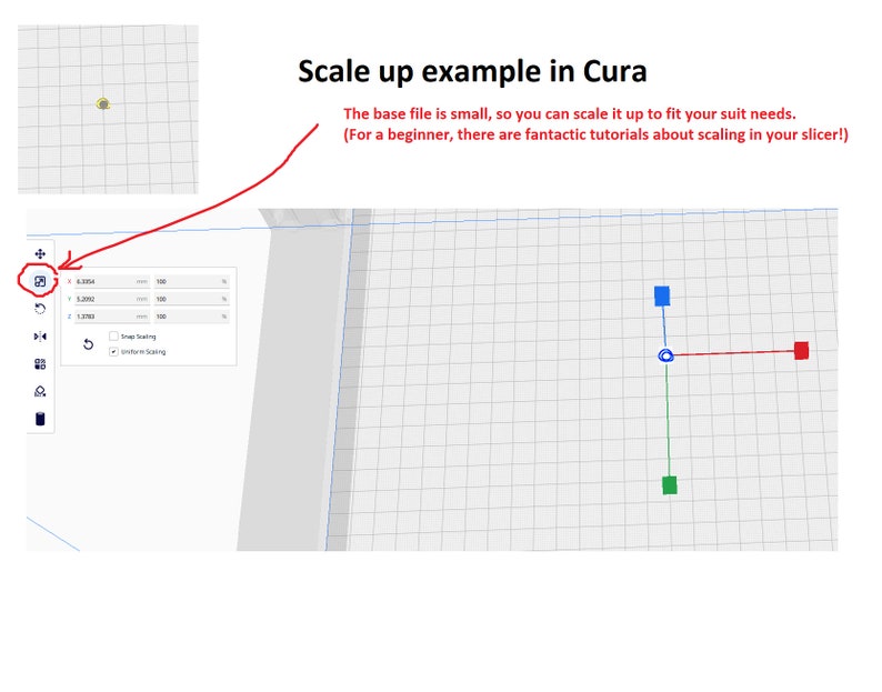 Pode incluir: Uma captura de tela do software de impress&atilde;o 3D Cura mostrando um modelo 3D de um objeto sendo dimensionado. O modelo &eacute; representado por um eixo azul, vermelho e verde com um c&iacute;rculo na origem. A interface do software mostra um controle deslizante para dimensionar o modelo.
