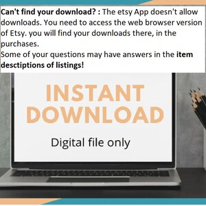 Pode incluir: Um ecr&atilde; de computador port&aacute;til a mostrar o texto "INSTANT DOWNLOAD Digital file only". O texto &eacute; branco sobre um fundo branco. O computador port&aacute;til est&aacute; fechado e est&aacute; sobre uma mesa com um porta-l&aacute;pis e l&aacute;pis em fundo.