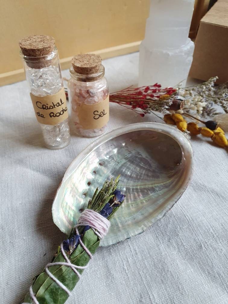 Kit de Purification et Recharge Minéraux/ Coquille d'ormeaux/ Smudge Stick/ Fiole Sel L'himalaya/ Cr