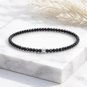 Feines Spinell Edelstein Armband 3mm facettiert Schwarz Edelstahl Perle minimalistisches Damen & Herren Edelsteinarmband Größe wählbar 14-23