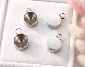 6 or 10 pieces of rhinestone settings, stainless steel 201, round | 7 mm | stainless steel color | pendant setting with eyelet, jewelry supplies, DIY jewelry