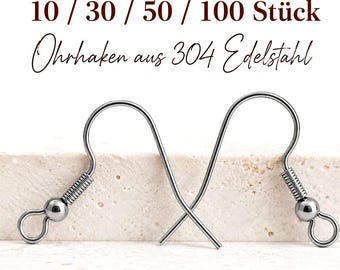 10 / 30 / 50 / 100 pieces of 304 stainless steel ear hooks, jewelry supplies for earrings, jewelry making, silver-colored hooks, ear components, DIY