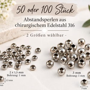 Könnte beinhalten: Eine Sammlung silberfarbener Abstandsperlen aus chirurgischem Edelstahl 316. Das Bild zeigt zwei Gruppen von Perlen mit Textangaben zu den Größen 2 mm x 1,5 mm und 3 mm sowie 1 mm Bohrungen. Der Text lautet 50 oder 100 Stück.