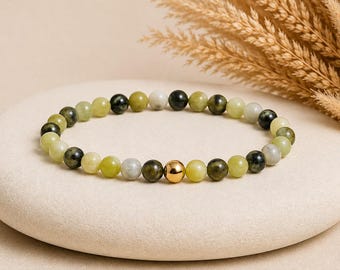 Qinghua Jade Natural Stone Beaded Bracelet, Green Minimalist Bracelet, Metal Bead, Elastic Band, Women's and Men's Size Selection, Gift, Personal