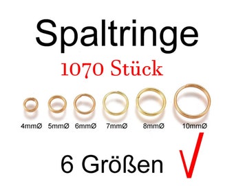 DIY * 1070 Stück Spaltringe Biegeringe Gold-farben Ringe 4mm 5mm  6mm 7mm 8mm 10mm Verbindungsringe Ösen Schmuck Kreativ Bedarf