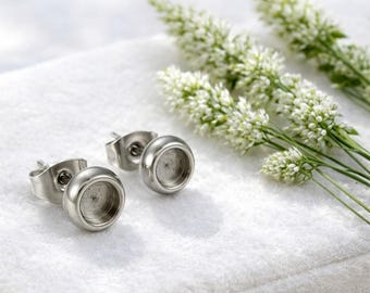 6 or 10 pieces of earring blanks, settings, stainless steel 304, flat round + earring backs, 4 mm slot, jewelry making, DIY earrings, silver-colored