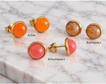 Agate Cherry Quartz Rutile Quartz Gold Plated Gemstone Earrings 8 mm Stone Gold Earrings Gift for Women and Men Christmas New Year's Eve