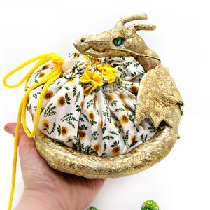 Dnd dice bag, dice pouch, pocket dice bag, dragon figurine, yellow dragon plushie with sunflowers, dungeon master gift