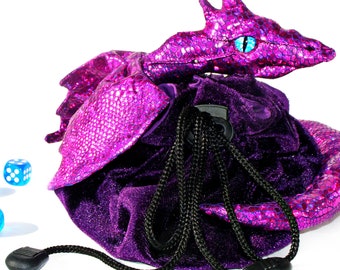 Bolsa de dados de dragón morado, bolsa de peluche DND con bolsillos