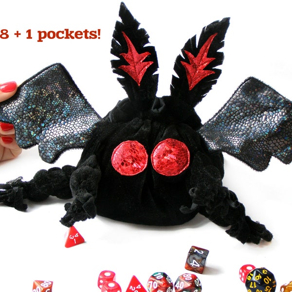 Mothman dice bag pockets. DND dice bag. Dice Pouch. Dice holder. large dice bag. luna moth