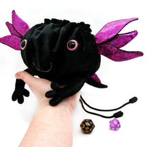 Axolotl plushie dice bag pockets, dice bag dnd, Dice Pouch, Dice holder, velvet dice bag, axolotl plush bag of holding