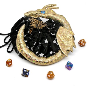 Galaxy dnd dice bag with gold dragon, bag of holding, dice storage, dice holder