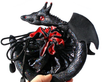 large Black Dragon scale Dice Bag. DND dice bag. Dice Pouch. Freestanding Drawstring Dice Pouch. Dungeons and Dragons. Dice holder. dnd