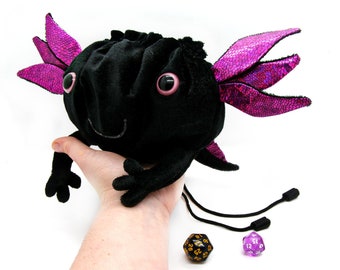 Axolotl plushie dice bag pockets, dice bag dnd, Dice Pouch, Dice holder, velvet dice bag, axolotl plush bag of holding