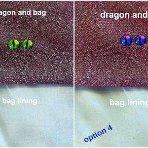 May include: Two options for dragon eyes for a craft project. Option 2 features green eyes with yellow pupils. Option 4 features blue eyes with pink and purple accents.