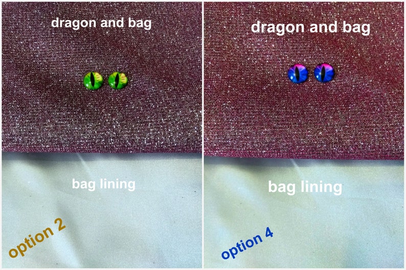 May include: Two options for dragon eyes for a craft project. Option 2 features green eyes with yellow pupils. Option 4 features blue eyes with pink and purple accents.