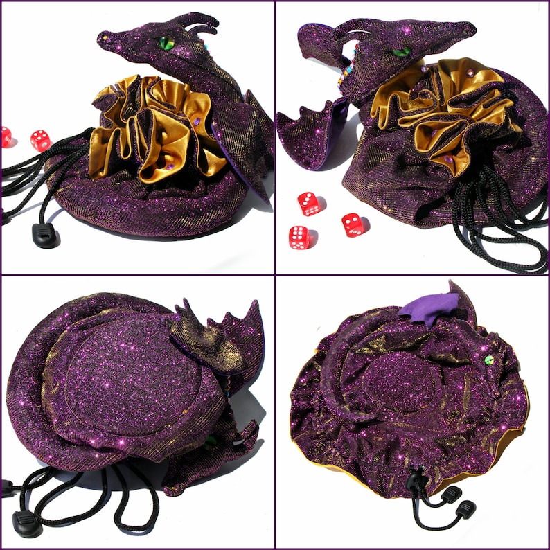 May include: Purple and gold glitter dragon dice bag with a ruffled gold trim and a black drawstring. The bag is lying on a white surface with red dice scattered around it.