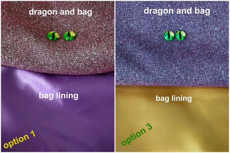 May include: Two fabric swatches, one with a sparkly pink finish and the other with a sparkly purple finish. Both swatches have a solid purple fabric underneath. The top swatches are labeled "dragon and bag" and the bottom swatches are labeled "bag lining". The swatches are labeled "option 1" and "option 3".