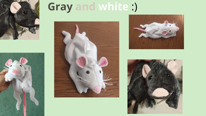 Pu&ograve; includere: Due giocattoli di peluche a forma di ratto, uno grigio e uno bianco. Il ratto grigio &egrave; sdraiato di lato con la testa rivolta verso la fotocamera. Il ratto bianco &egrave; sdraiato sulla schiena con la testa rivolta verso la fotocamera. Entrambi i ratti hanno orecchie e nasi rosa.