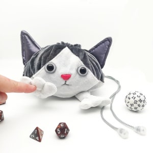 Custom cat plush dice bag with pockets, dnd gifts for players, dice storage
