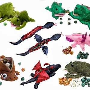 D&D Dice Bag: Zippered Plush Dice Holder - Frog, Dragon, Axolotl, lizard