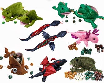 DND Dice Bag Plush Dice Holder - Frog, Dragon, Axolotl, lizard