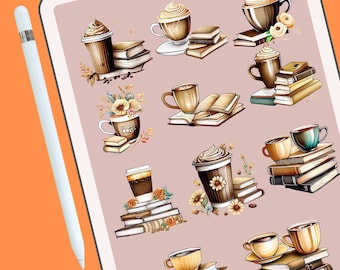 May include: A set of 10 book lover stickers featuring illustrations of coffee cups and stacks of books. The stickers are perfect for decorating planners, journals, laptops, and more.