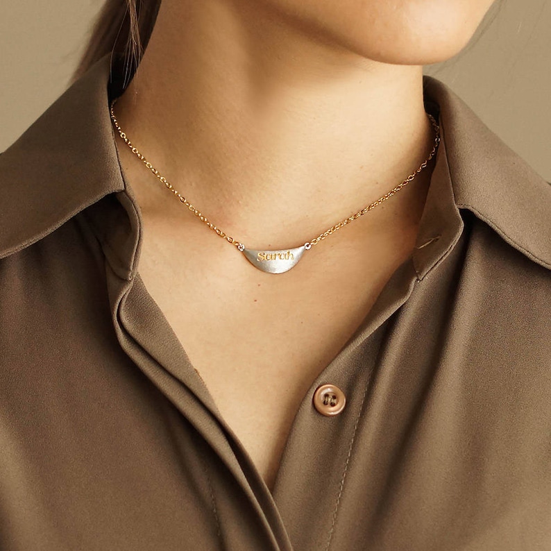 Crescent Pendant : Personalized 24K Gold engraving Diamond brushed Dainty Charm Gold Letter Necklace Gold Letter on Sterling silver