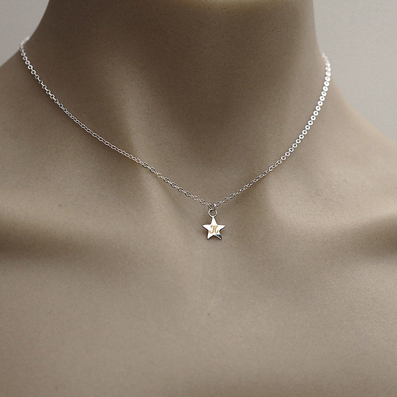 Gold Letter on Sterling silver Gold Letter Necklace Tiny Star Necklace : Personalized 24K Gold engraving Minimalist Star Charm