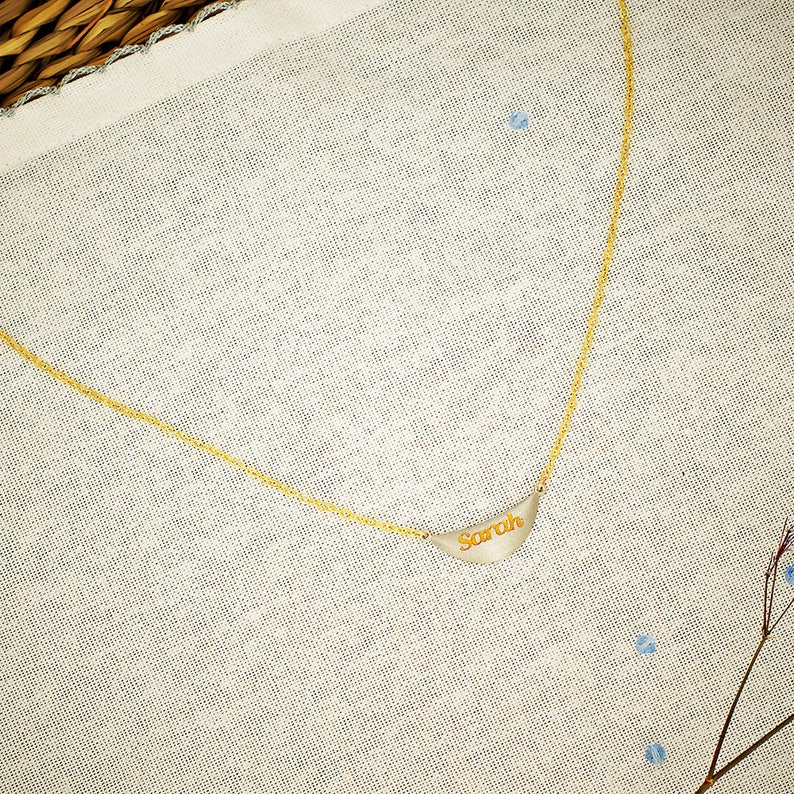 Crescent Pendant : Personalized 24K Gold engraving Diamond brushed Dainty Charm Gold Letter Necklace Gold Letter on Sterling silver
