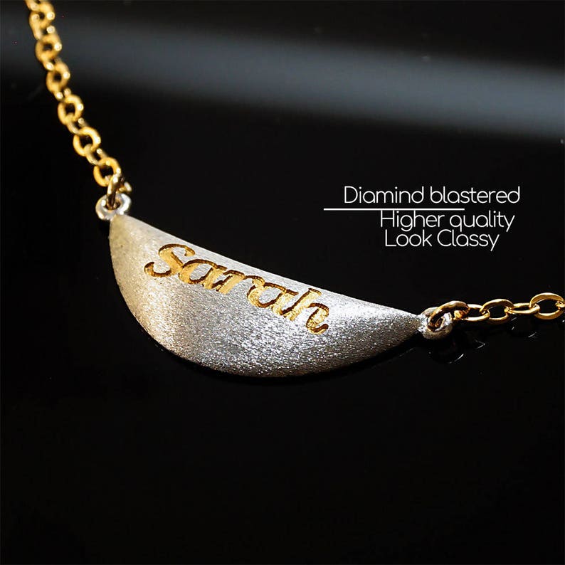 Crescent Pendant : Personalized 24K Gold engraving Diamond brushed Dainty Charm Gold Letter Necklace Gold Letter on Sterling silver