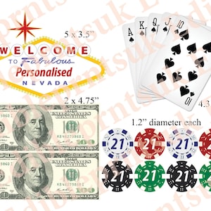 Étiquettes comestibles pour Vegas Cake. Enseigne et puces Vegas personnalisées, comprend également des billets et des cartes de 100 dollars (vendeur britannique) Carte de glaçage ou de plaquette