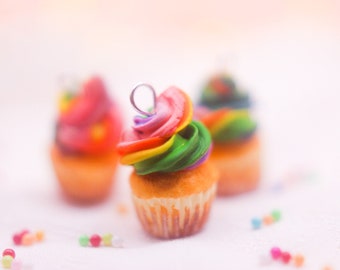 Rainbow Iced Cupcake Charm: Miniature Polymer Clay Food Jewelry