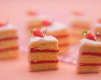 Handmade Strawberry Cake Slice Charm: Polymer Clay Miniature Food Jewelry