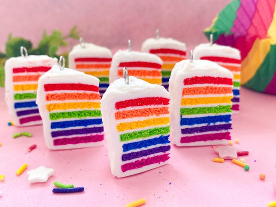 Rainbow Layer Cake Slice Charm, Polymer clay food, Kawaii jewellery, Fake food, Cute gift for her, Miniature food
