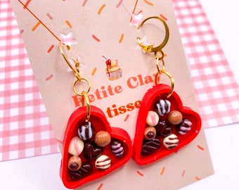 Heart Chocolate Box Valentine’s Polymer Clay Dangle Earrings, Miniature Food, Foodie gift, Clay jewellery