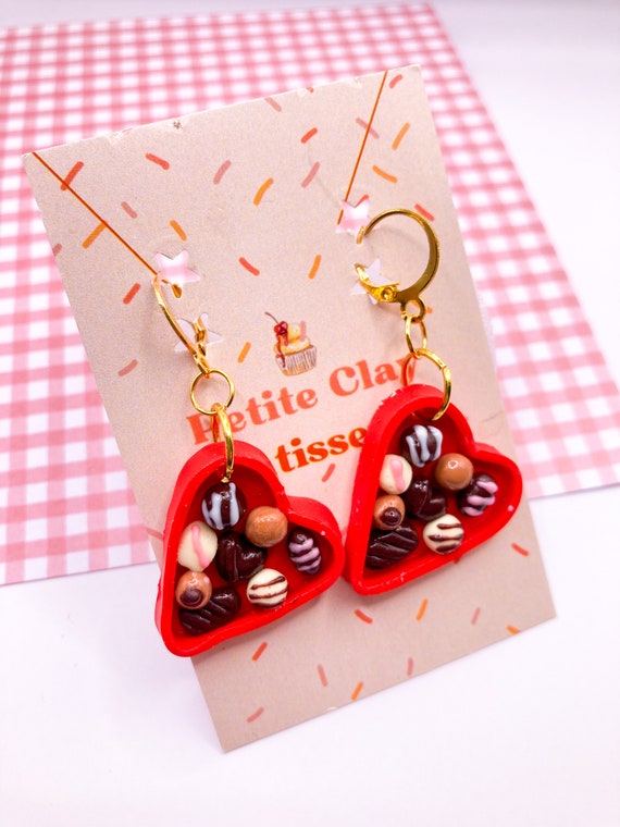 Heart Chocolate Box Valentine’s Polymer Clay Dangle Earrings, Miniature Food, Foodie gift, Clay jewellery