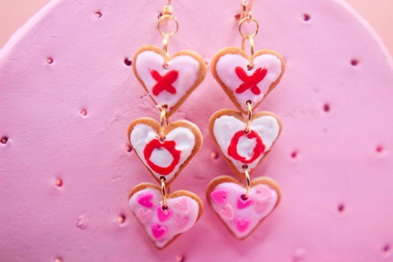 Heart Cookie XOXO Valentine’s Polymer Clay Dangle Earrings, Miniature Food, Foodie gift, Clay jewellery