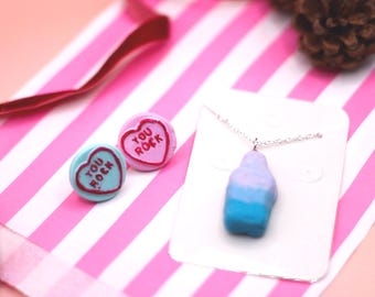 Handmade Fizzy Bubblegum Bottle and Loveheart Sweet Gift Set -  Polymer Clay Food Jewelry